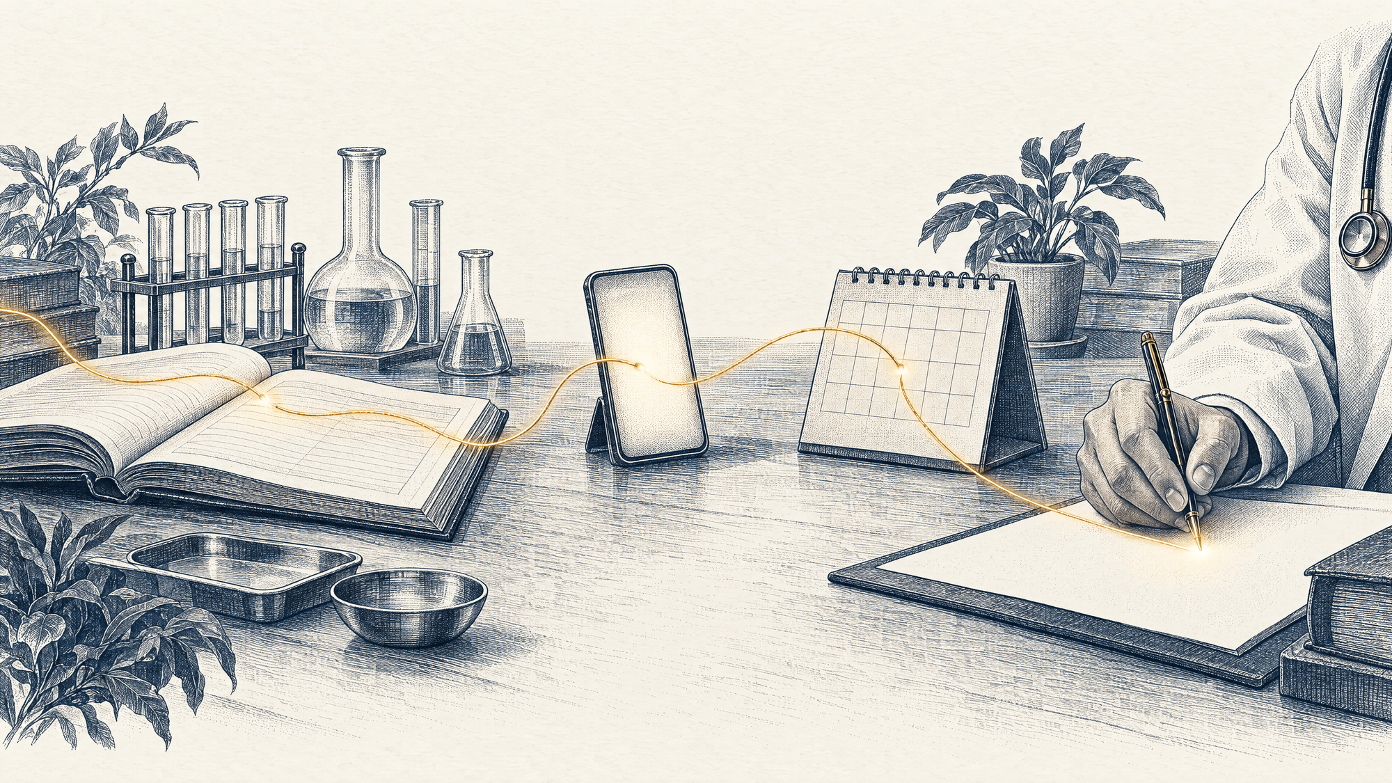 Editorial engraving of a luminous gold thread weaving through a ledger, laboratory glassware, a phone and a calendar, converging on a doctor's hand signing a paper.
