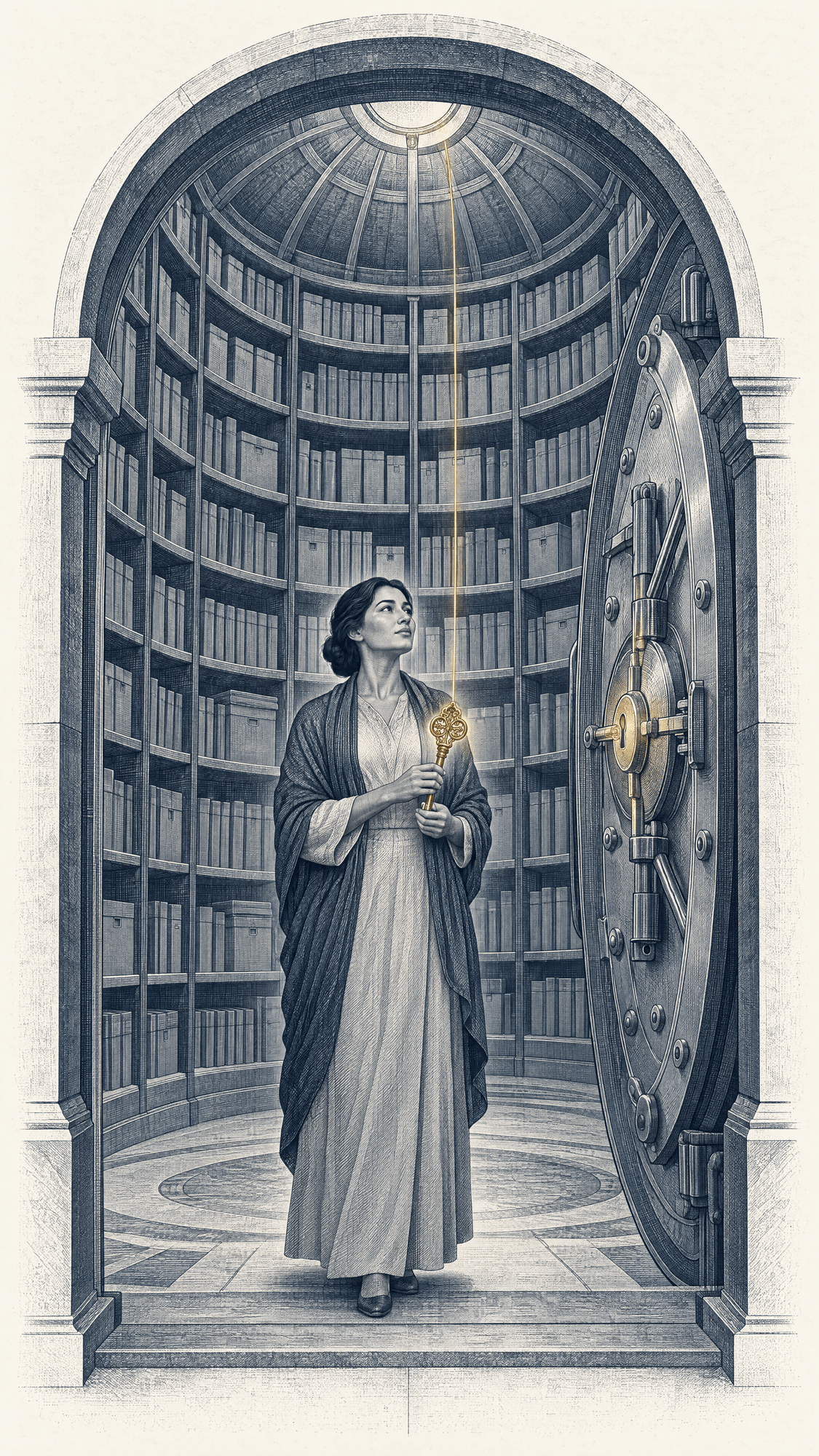 Editorial engraving of a vault-like archive of record-folders, with a single patient at the entrance holding an ornate key that lights the vault's lock mechanism in gold.